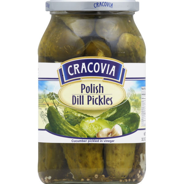Cracovia pickles, sauerkraut and beets on a store shelf
