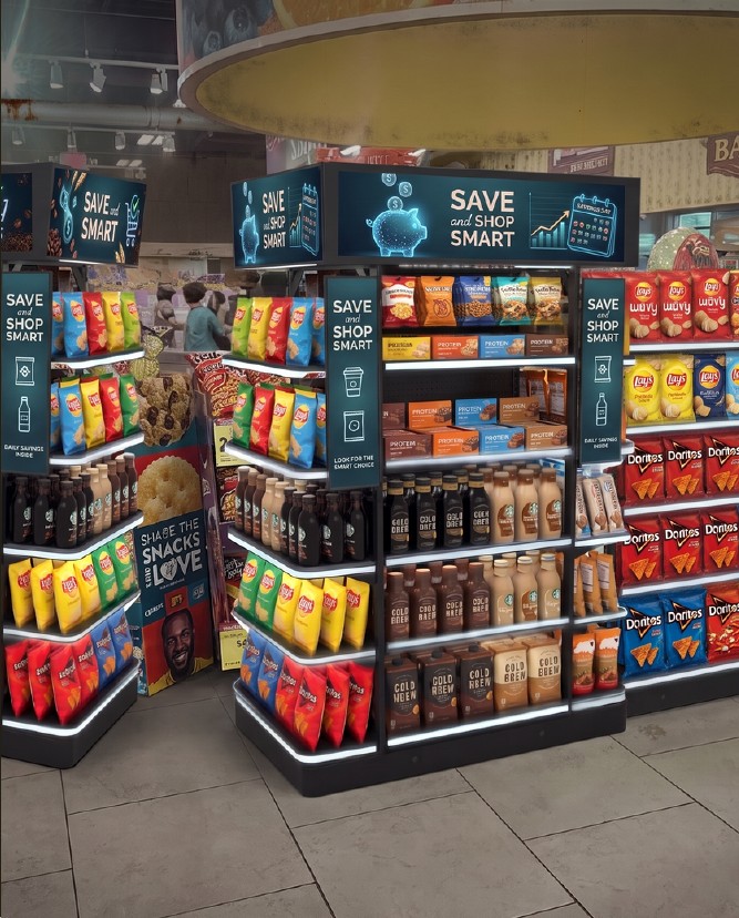A branded spotlight merchandising display in a grocery store