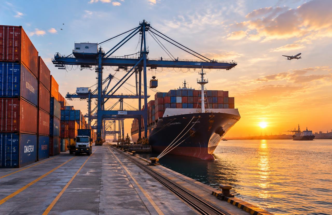 Cargo ship and containers at a port at sunrise